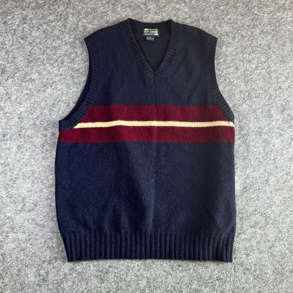 Navy and Burgundy Striped Wool Sweater Vest